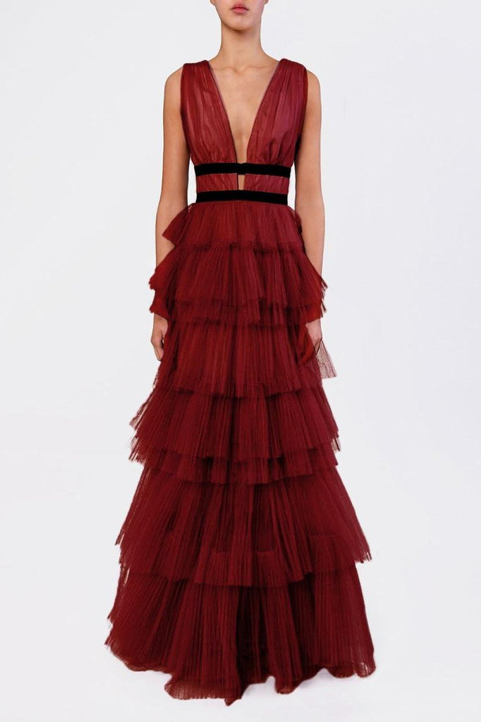 RENT Eliza Burgundy Plunging Neck Layered Tulle Skirt Maxi-Dress (RRP £165) - Rent Now from One Hit Wonders