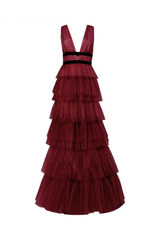 RENT Eliza Burgundy Plunging Neck Layered Tulle Skirt Maxi-Dress (RRP £165) - Rent Now from One Hit Wonders