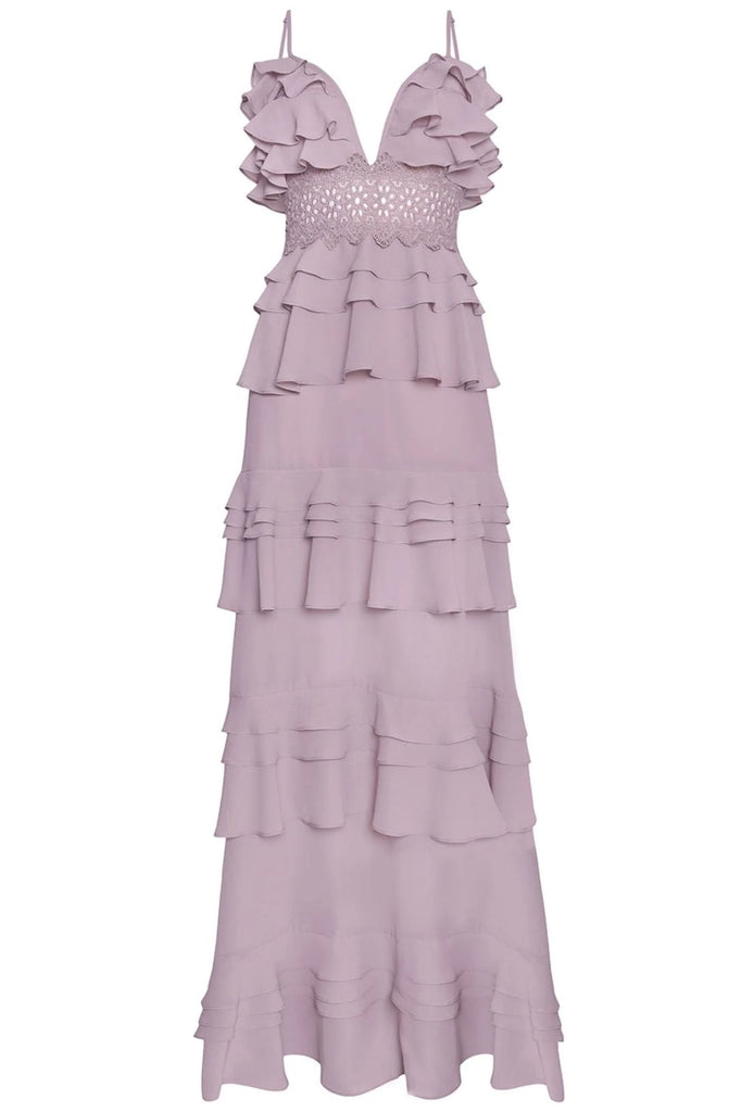 RENT Sophia Dusty Lilac Plunge Front-Tiered Ruffle Maxi Dress (RRP £151) - Rent Now from One Hit Wonders
