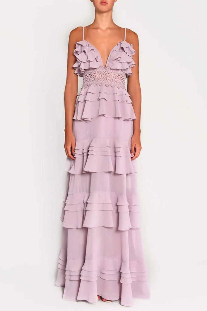 RENT Sophia Dusty Lilac Plunge Front-Tiered Ruffle Maxi Dress (RRP £151) - Rent Now from One Hit Wonders
