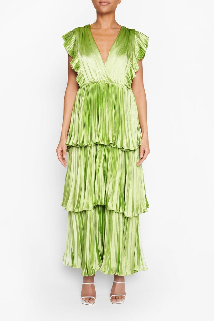 RENT True Decadence Beatrice Soft Lime Satin Pleated Tiered Midaxi Dress (RRP £176) - Rent Now from One Hit Wonders